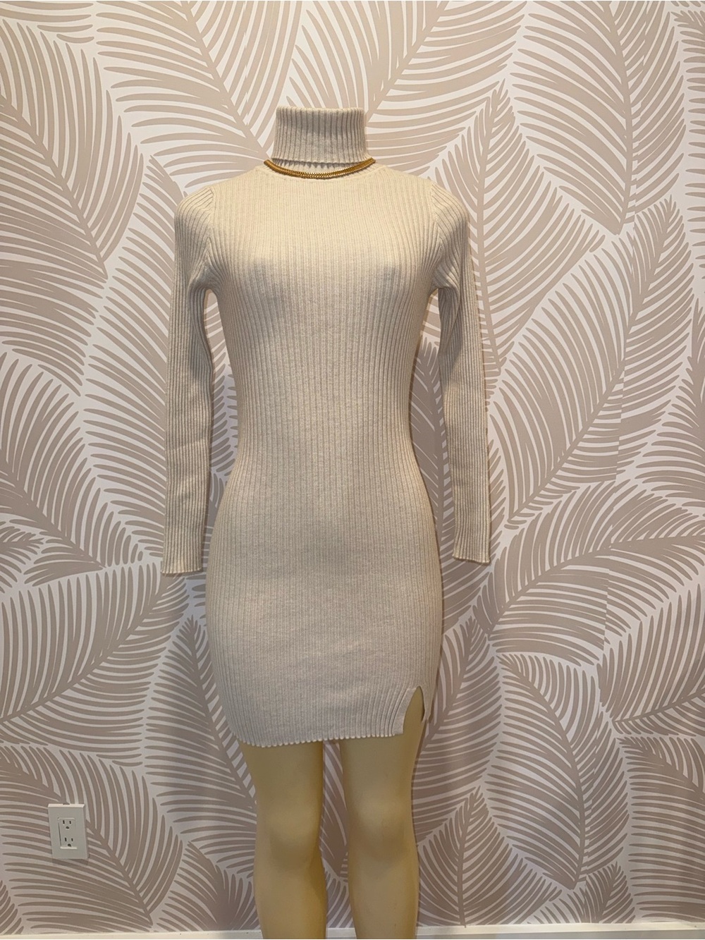 Turtleneck Ribbed Knit Mini Dress in Cream